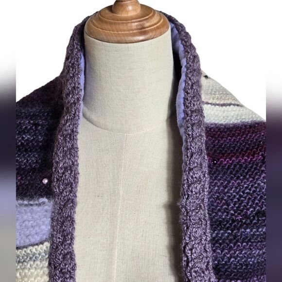 Purple and Cream Striped Hand Knit Shawl with Fringe And Embellishments - Picture 2 of 6